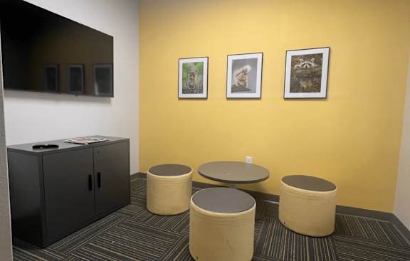 A room with a yellow wall and a black cabinet.