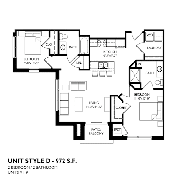 Floor Plan  A black and white image of a floor plan for a 2 bedroom, 2 bathroom unit.