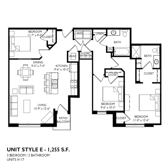 Floor Plan  A black and white image of a floor plan for a 3 bedroom / 2 bathroom unit.