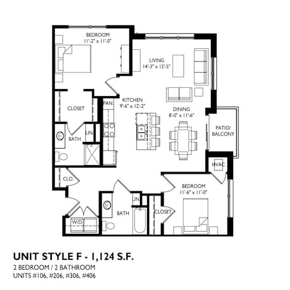 Floor Plan  A black and white image of a floor plan for a 2 bedroom, 2 bathroom unit.