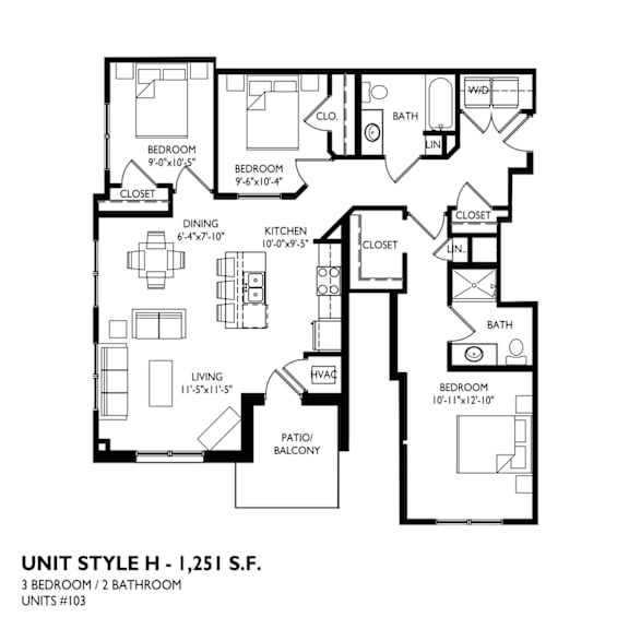 Floor Plan  A black and white image of a floor plan for a 3 bedroom/2 bathroom unit.