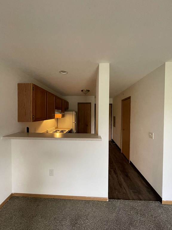 a view of the kitchen in a bedroom apartment at the historic electric building in fort worth,