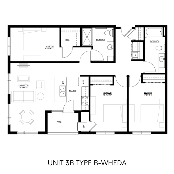 A black and white image of a floor plan for a Unit 3B Type B-Wheda.