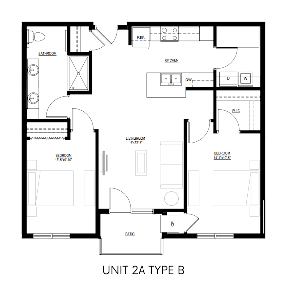 A black and white image of a floor plan for a Unit 2A Type B.