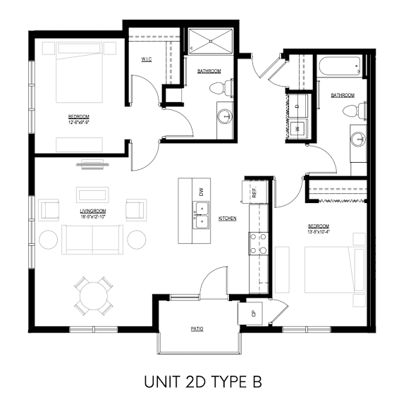 A black and white image of a floor plan for a unit called "Unit 2D Type B".