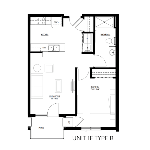 A black and white diagram of a floor plan for a Unit 1F Type B.