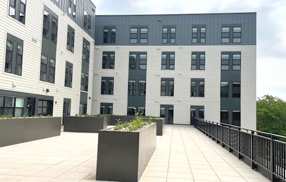 A modern building with a courtyard in the middle.