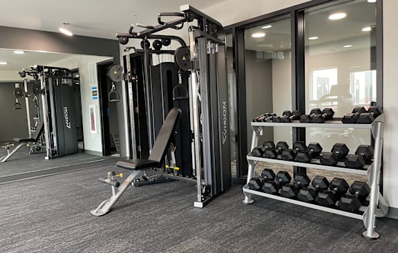 A gym with a variety of equipment including dumbbells and weight machines.
