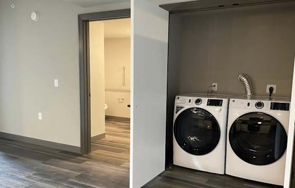 A laundry room with a washer and dryer.