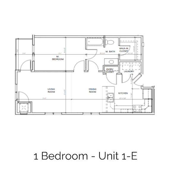 A floor plan of a one bedroom apartment labeled Unit 1-E.