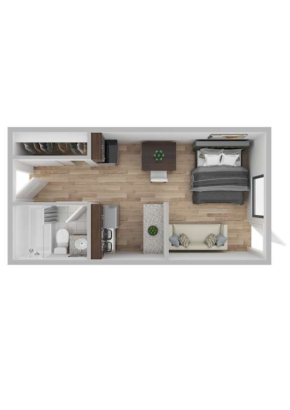 A top-down view of a bedroom with a bed, nightstand, and a plant.