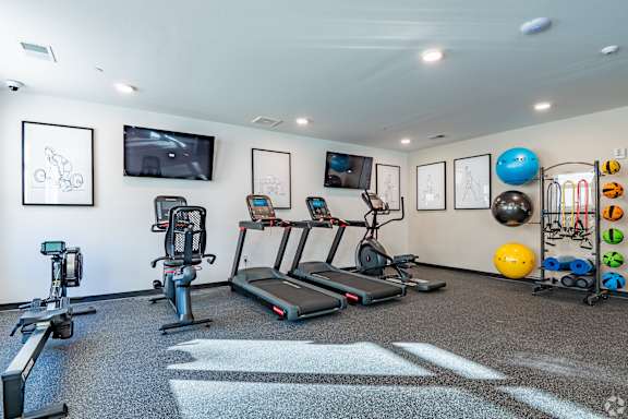 A gym with treadmills, exercise bikes, and other equipment.