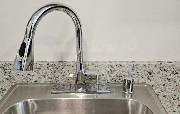 A stainless steel kitchen sink with a chrome faucet.