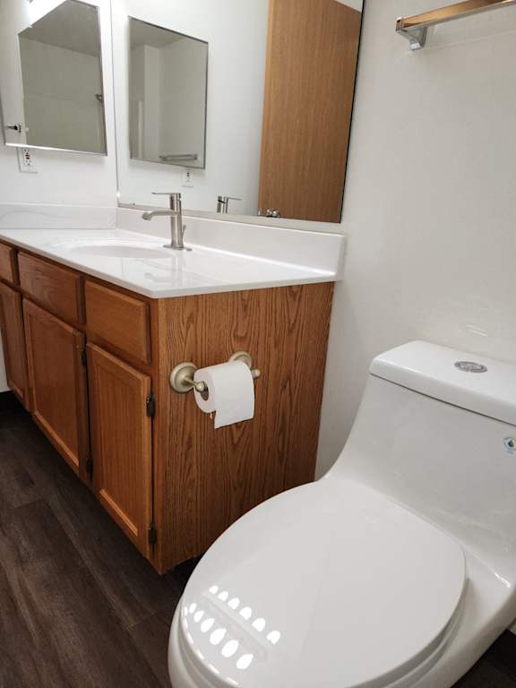 a bathroom with a toilet sink and mirror