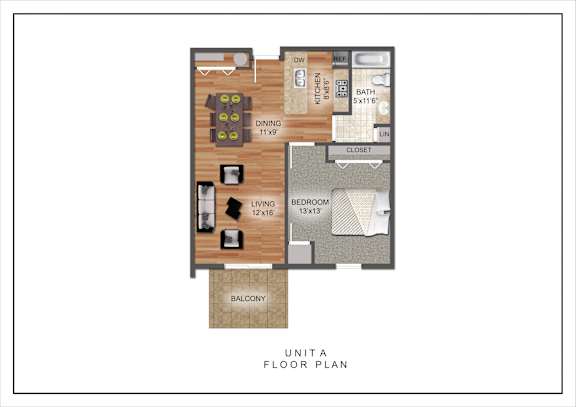 A floor plan of a unit named "UNIT A" showing a kitchen, dining area, bedroom, and bathroom.