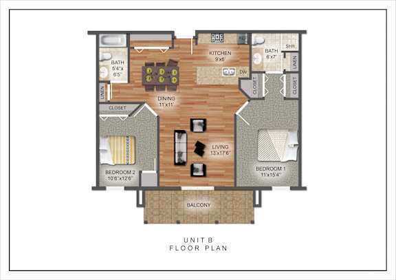 A floor plan of Unit B showing a living room, two bedrooms, a bathroom, a kitchen, a dining room, and a balcony.