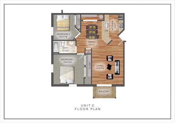 A floor plan of a unit with two bedrooms, a living room, a dining room, a kitchen, and a balcony.