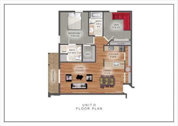 A floor plan of a unit showing a living room, dining room, kitchen, two bedrooms, a bathroom, and a balcony.