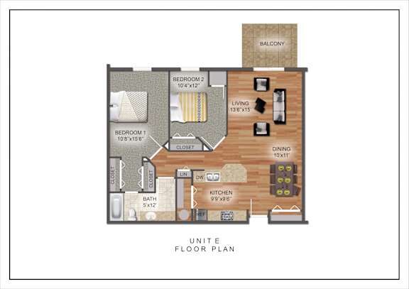 A floor plan of a unite showing a balcony and a kitchen.