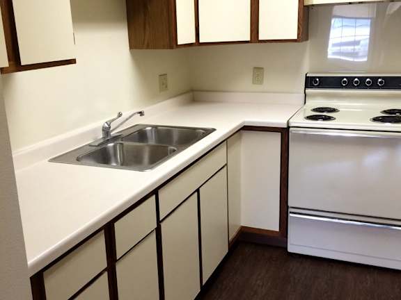 A kitchen with a stove and sink.