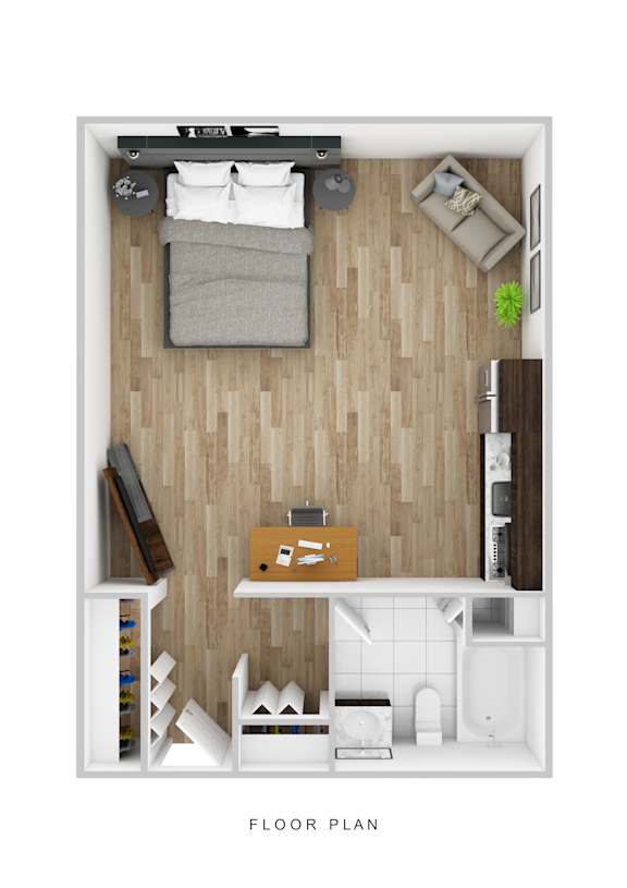 A floor plan of a small apartment with a bed, desk, and kitchenette.