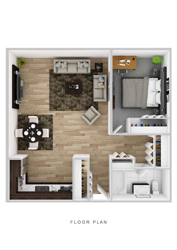 A floor plan of a small apartment with a living room, kitchen, and bedroom.