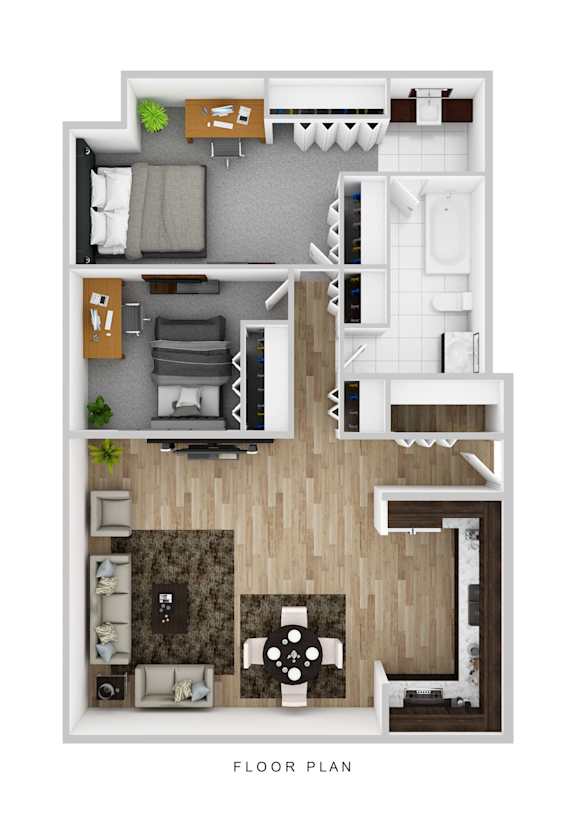 A floor plan of a house with a living room, kitchen, and bathroom.