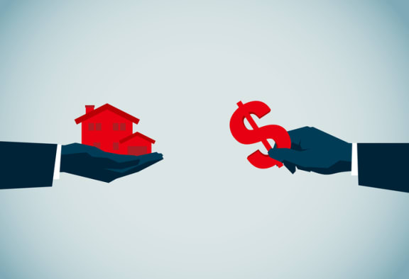 an illustration of two hands holding a house and a dollar sign