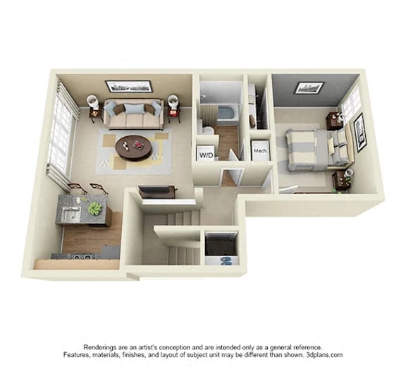 A 3D floor plan of a small apartment with a kitchen, living room, and bathroom.