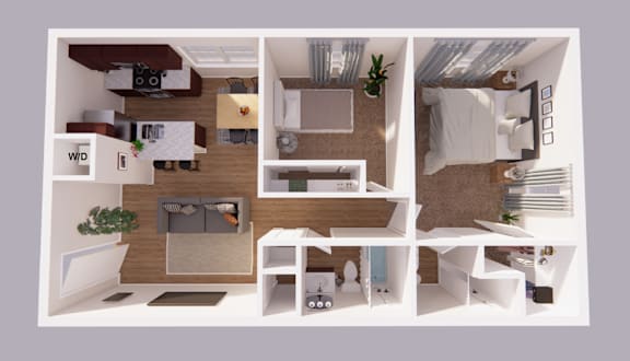 A 3D floor plan of a small apartment with a kitchen, living room, and bathroom.