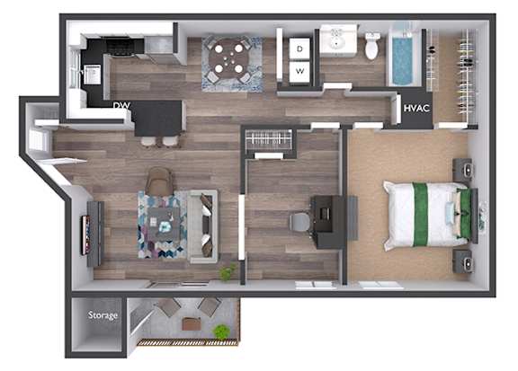 A floor plan of a small apartment with a kitchen, living room, and bathroom.