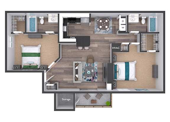 A floor plan of a small apartment with a kitchen, living room, and bathroom.