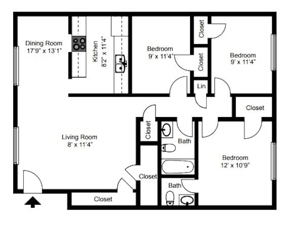A black and white image of a floor plan for a home with a living room, dining room, kitchen, and three bedrooms.