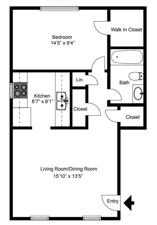 A floor plan of a small apartment with a bedroom, kitchen, living room, and bathroom.