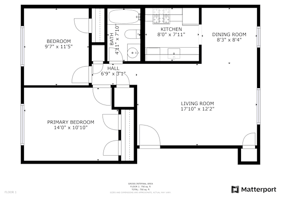 A floor plan of a house with a living room, dining room, kitchen, and three bedrooms.
