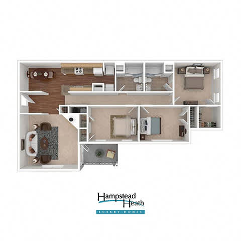 A floor plan of a home with a living room, kitchen, and two bedrooms.