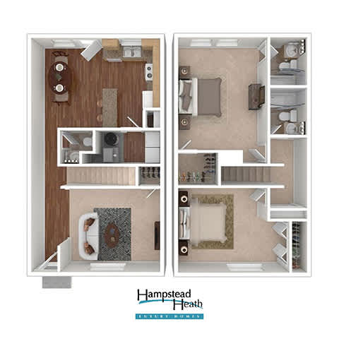 A floor plan of a Hampstead Heath apartment showing two bedrooms, a living room, a kitchen, and bathrooms.