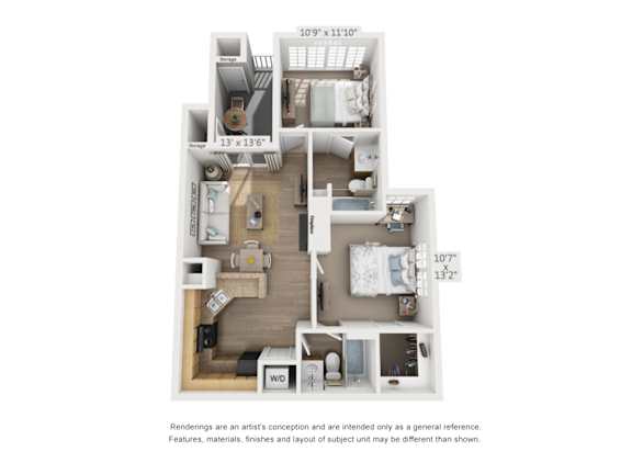 A floor plan of a small apartment with a kitchen, living room, and two bedrooms.