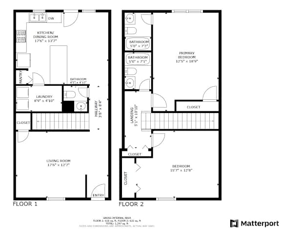 A floor plan for a two-story home with two bedrooms, two bathrooms, a living room, a kitchen/dining room, a laundry area, and a garage.