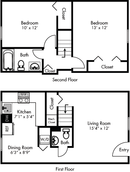 a floor plan of a house with two bedrooms and a living room