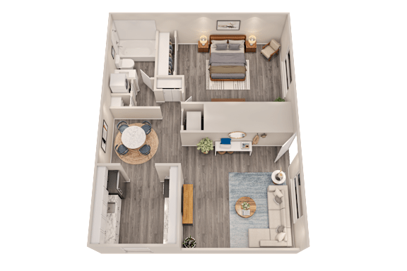 A top-down view of a small apartment with a bedroom, living room, and kitchen.