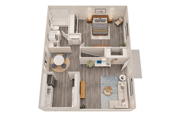 A top-down view of a small, neatly organized apartment with a living area, kitchen, and two bedrooms.