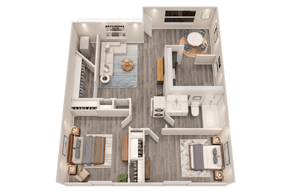 A top-down view of a house layout with a pool in the middle.