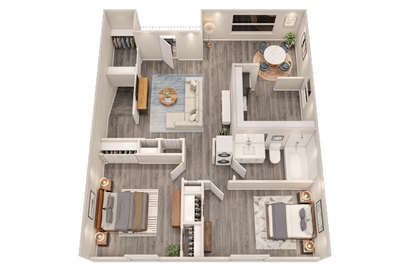 A top-down view of a house layout with a living room, dining area, kitchen, and two bedrooms.