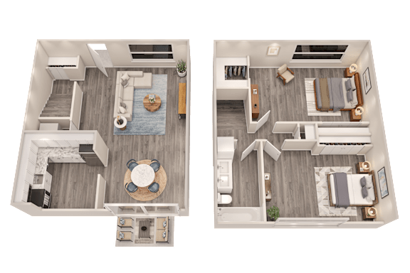Two images of a house layout with a living room, kitchen, and bedrooms.