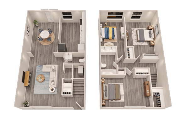 Two images of a house layout with a living room, kitchen, and bedrooms.
