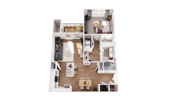 Floor Plan  A top-down view of a small apartment layout with a kitchen, living room, and bedroom.