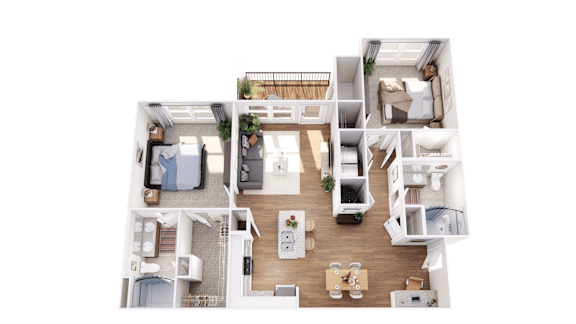 A top-down view of a house layout with a kitchen, living room, and bedrooms.