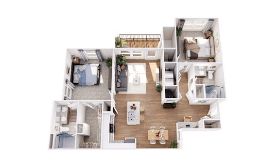 A top-down view of a two-story apartment layout.