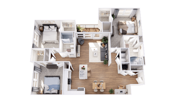 A detailed 3D floor plan of a two-bedroom apartment.